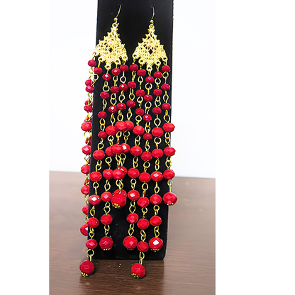 Red Crystal Chandelier Earrings | 7" Handcrafted Gold Filigree Multi-Strand Beaded Drop Earrings for Women, Weddings & Special Events