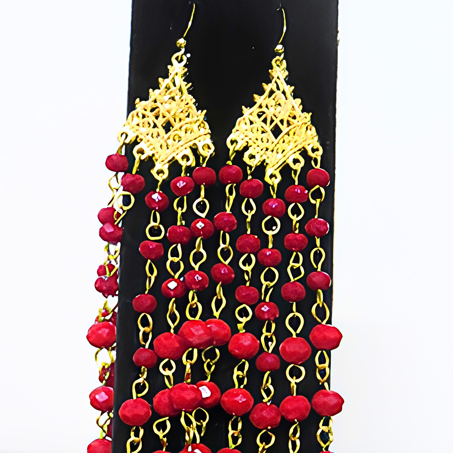 Red Crystal Chandelier Earrings | 7" Handcrafted Gold Filigree Multi-Strand Beaded Drop Earrings for Women, Weddings & Special Events