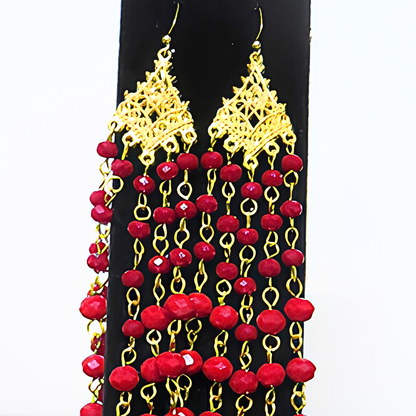 Red Crystal Chandelier Earrings | 7" Handcrafted Gold Filigree Multi-Strand Beaded Drop Earrings for Women, Weddings & Special Events
