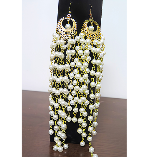 Pearl Cascade Chandelier Earrings | 8" Handcrafted Gold Filigree Multi-Strand Pearl Drop Earrings for Brides, Weddings & Formal Events