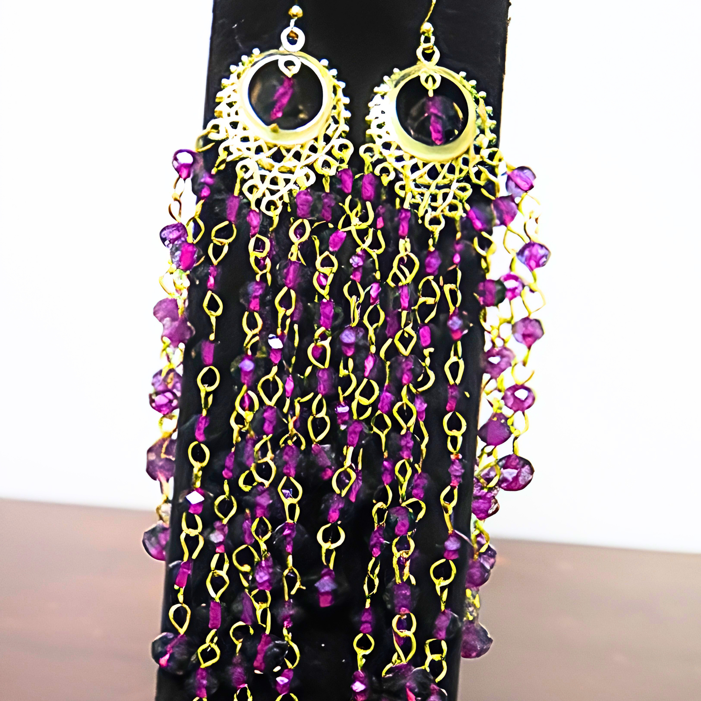 Magenta Purple Crystal Chandelier Earrings | 7" Handcrafted Gold Filigree Multi-Strand Bicone Bead Drop Earrings for Women & Special Events