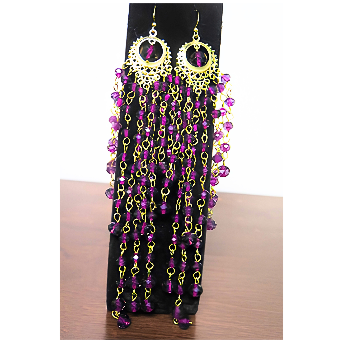 Magenta Purple Crystal Chandelier Earrings | 7" Handcrafted Gold Filigree Multi-Strand Bicone Bead Drop Earrings for Women & Special Events