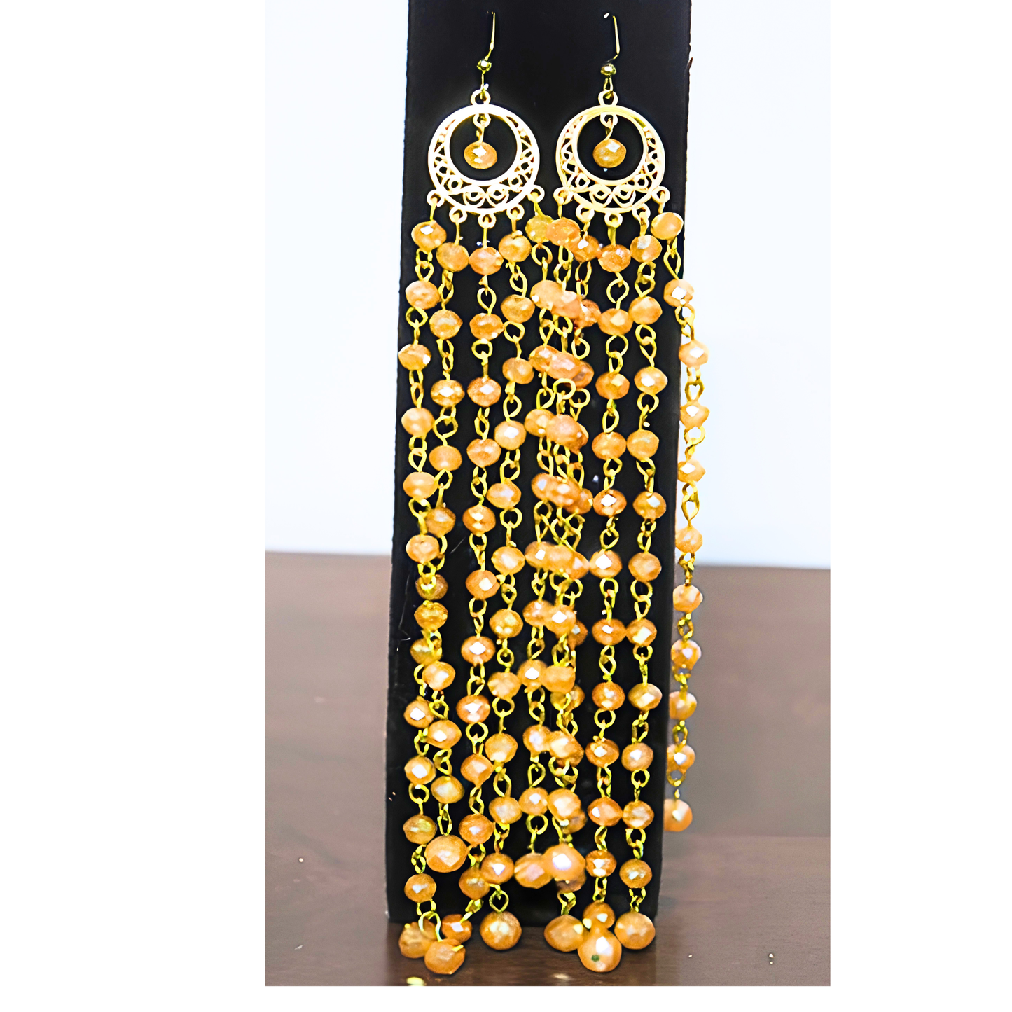 Amber Gold Crystal Chandelier Earrings | 7" Handcrafted Gold Filigree Multi-Strand Bicone Bead Drop Earrings for Women & Special Events