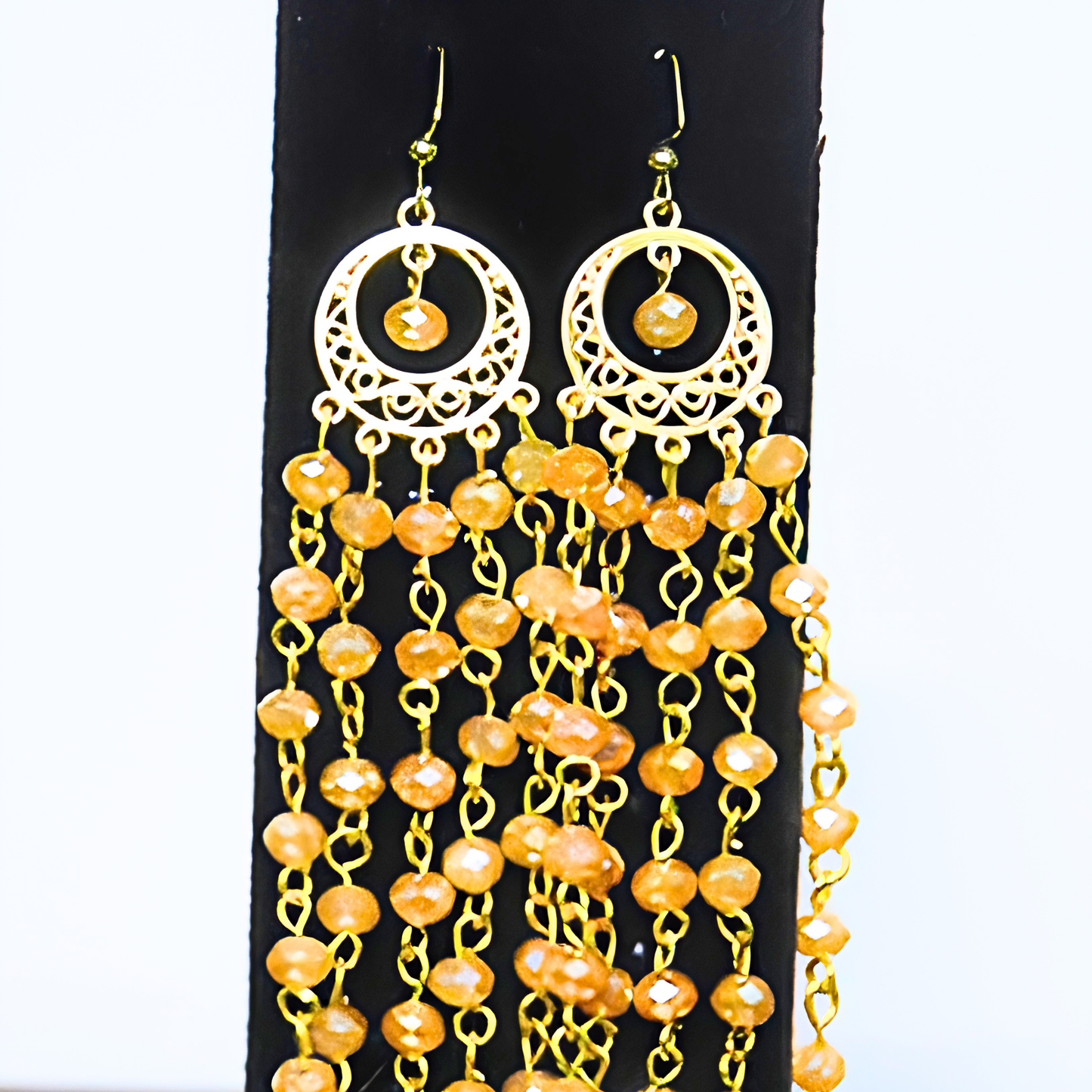 Amber Gold Crystal Chandelier Earrings | 7" Handcrafted Gold Filigree Multi-Strand Bicone Bead Drop Earrings for Women & Special Events