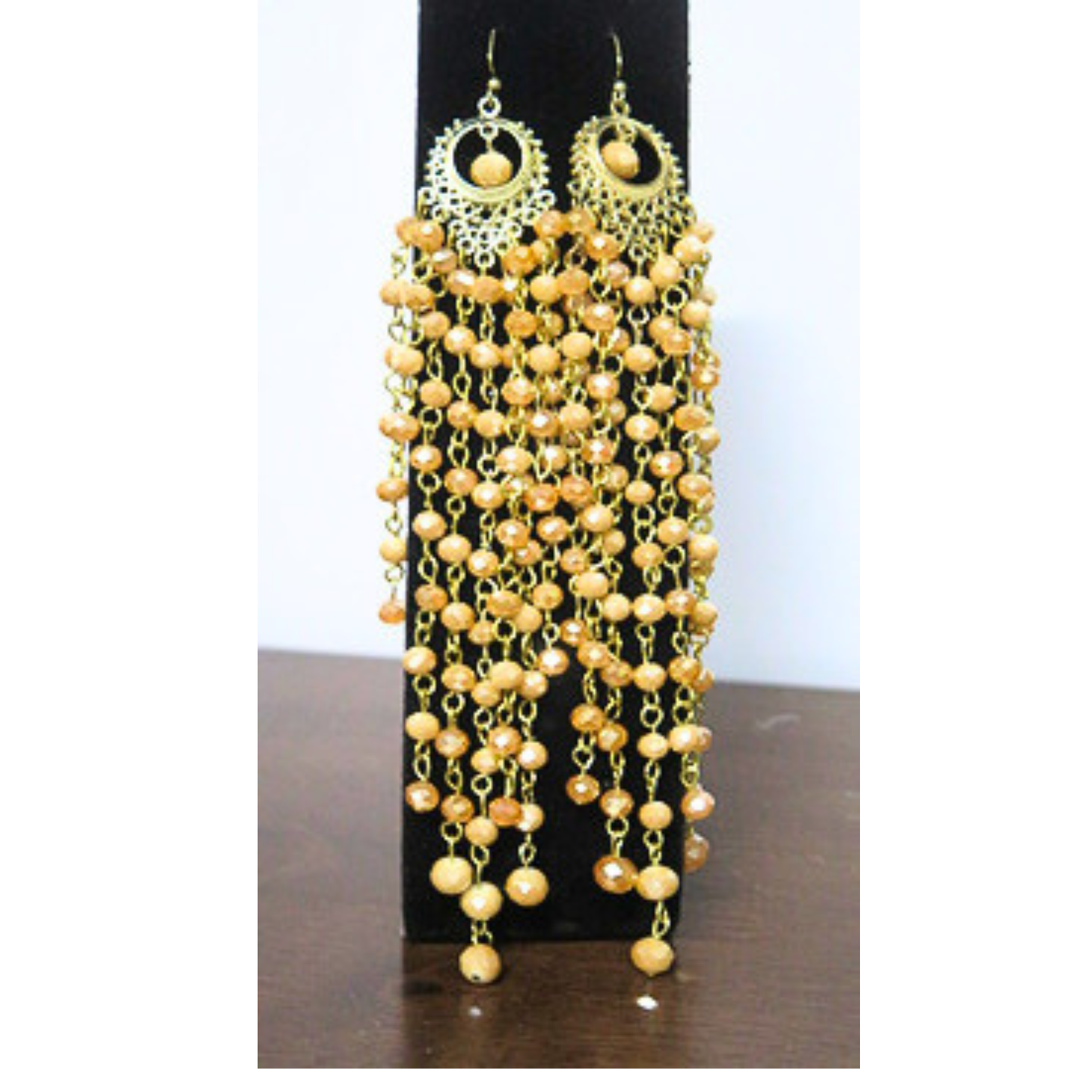 Champagne Peach Crystal Chandelier Earrings | 7" Handcrafted Gold Crescent Filigree Multi-Strand Bicone Bead Drop Earrings for Women