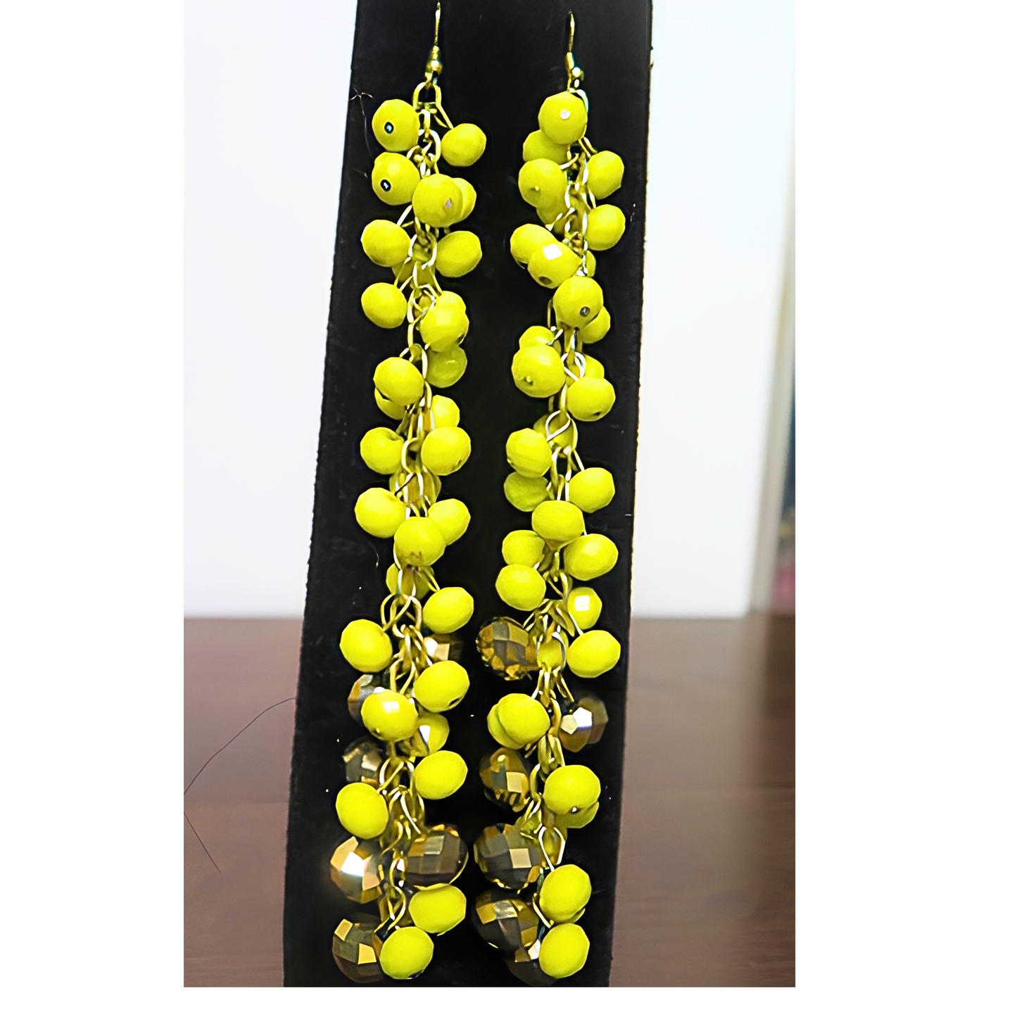 Neon Yellow & Gold Crystal Cluster Drop Earrings | 6.2" Handcrafted Gold Wire Grape Cluster Bead Earrings for Women & Special Events