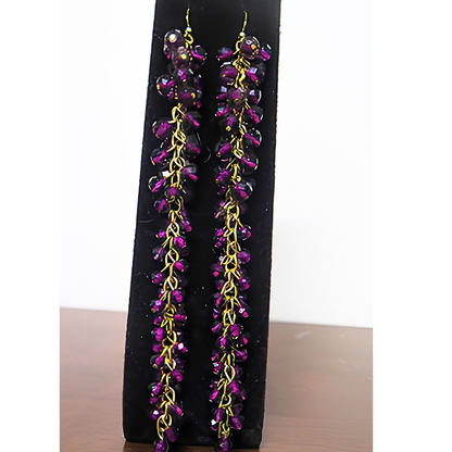 Deep Purple & Black Iridescent Crystal Cluster Drop Earrings | 7" Handcrafted Gold Wire Grape Cluster Bead Earrings for Women & Events