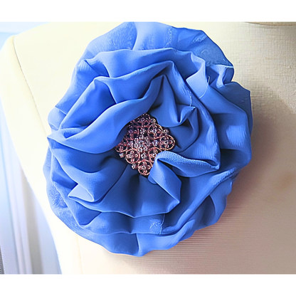 Cobalt Blue Chiffon Flower Brooch & Hair Clip | 5" Handcrafted Fabric Flower Pin with Rhinestone Center for Women, Weddings & Special Events