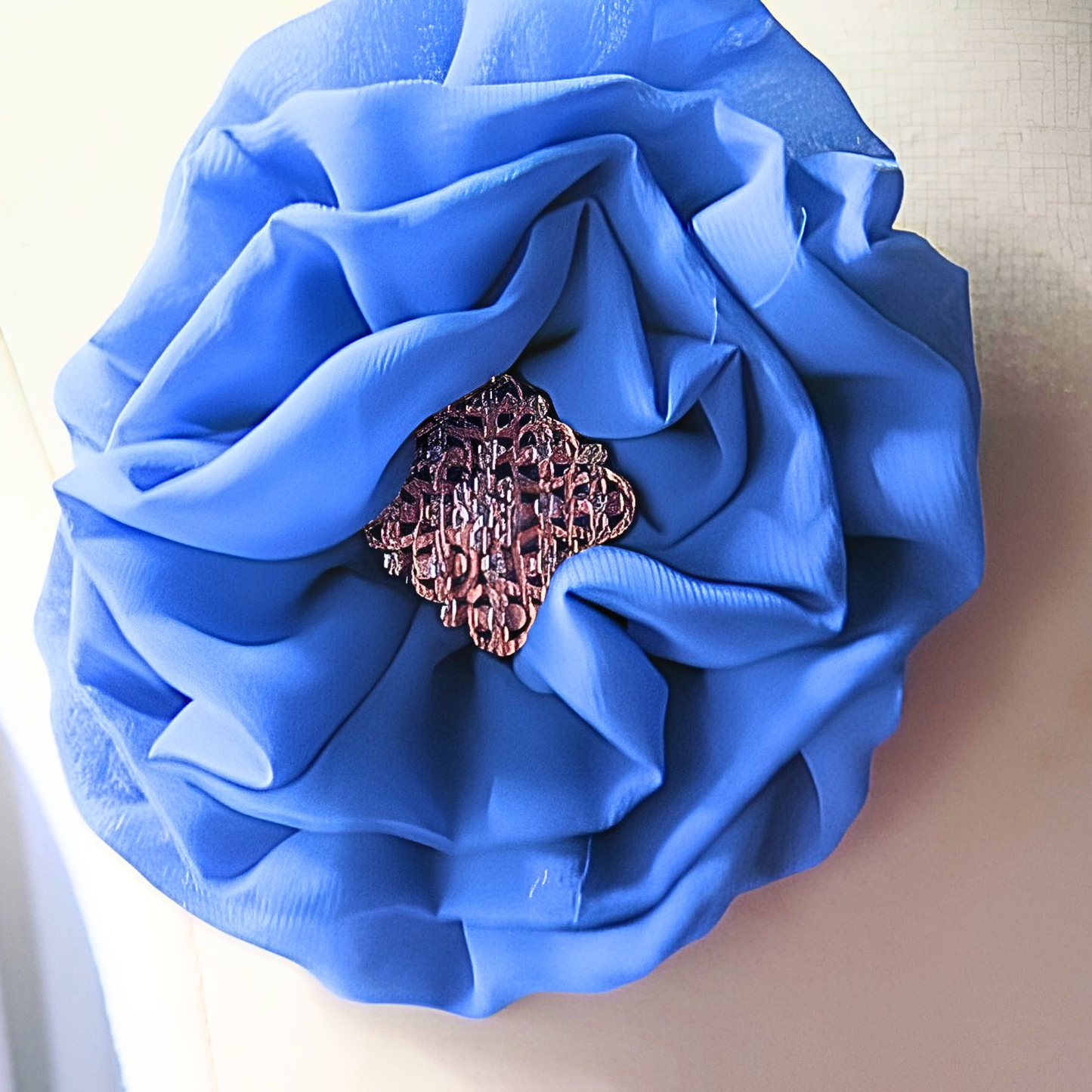 Cobalt Blue Chiffon Flower Brooch & Hair Clip | 5" Handcrafted Fabric Flower Pin with Rhinestone Center for Women, Weddings & Special Events