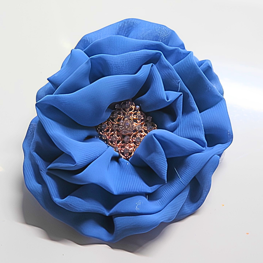 Cobalt Blue Chiffon Flower Brooch & Hair Clip | 5" Handcrafted Fabric Flower Pin with Rhinestone Center for Women, Weddings & Special Events