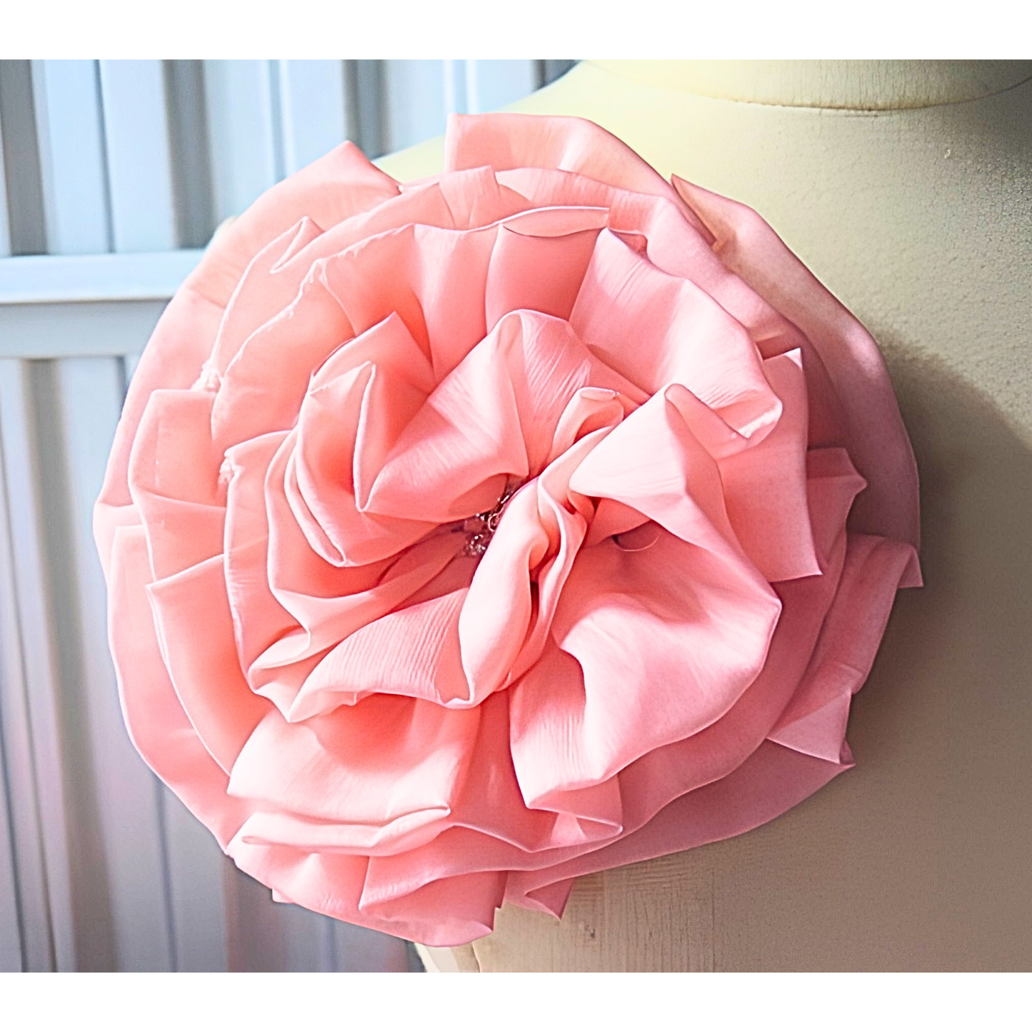 Blush Pink Chiffon Flower Brooch & Hair Clip | 7.5" Oversized Handcrafted Fabric Flower Pin with Rhinestone Center for Women & Special Events