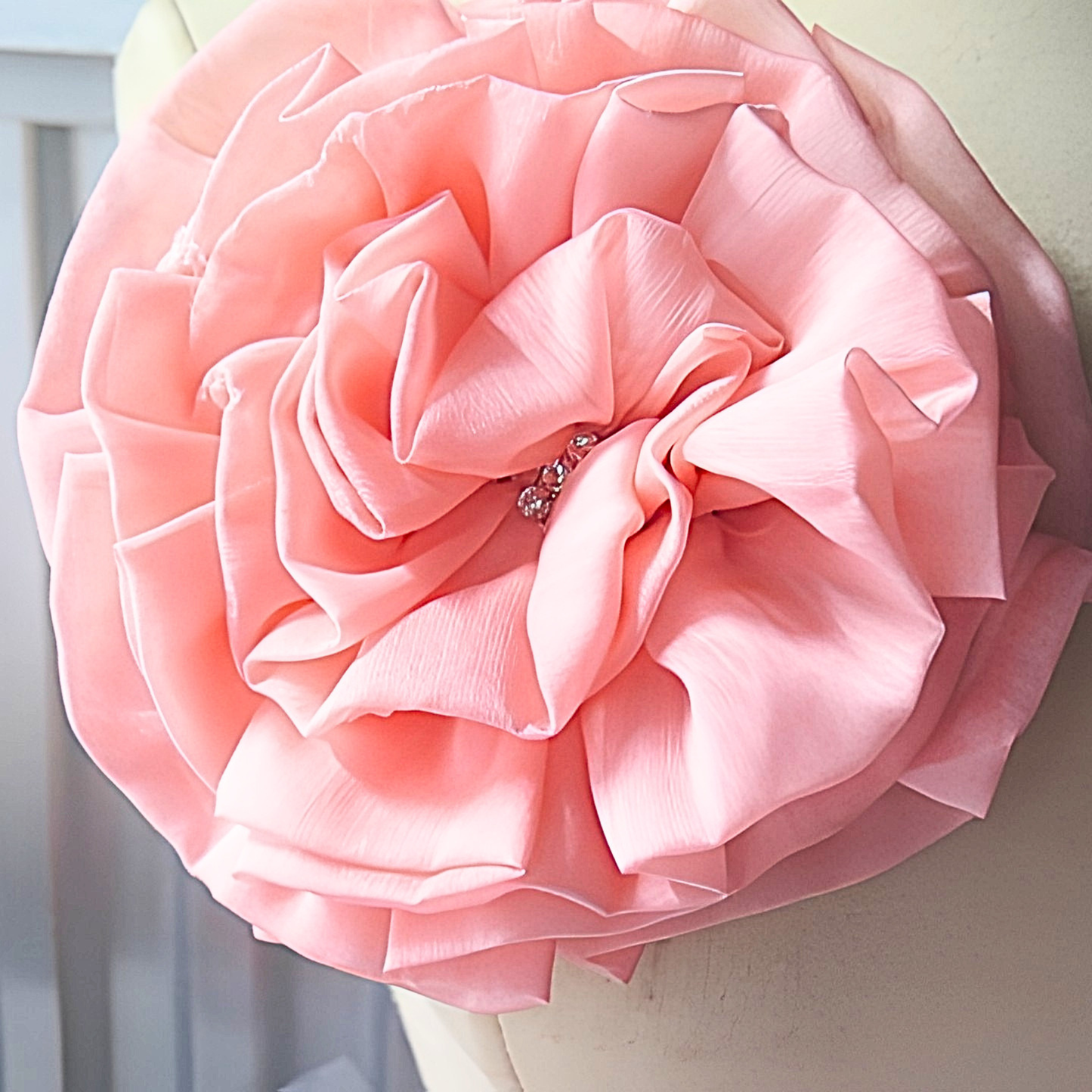 Blush Pink Chiffon Flower Brooch & Hair Clip | 7.5" Oversized Handcrafted Fabric Flower Pin with Rhinestone Center for Women & Special Events
