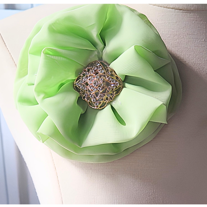 Lime Green Chiffon Flower Brooch & Hair Clip | 5" Handcrafted Fabric Flower Pin with Rhinestone Center for Women, Church & Special Events
