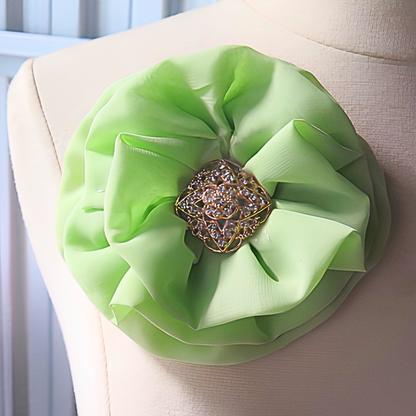 Lime Green Chiffon Flower Brooch & Hair Clip | 5" Handcrafted Fabric Flower Pin with Rhinestone Center for Women, Church & Special Events