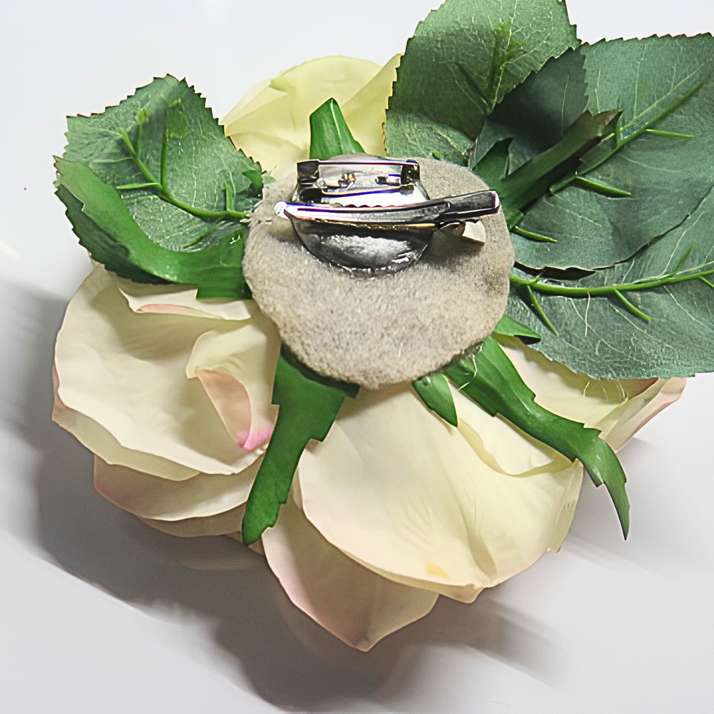 Ivory Magnolia Pearl Brooch & Hair Clip | 5.5" Realistic Silk Flower Pin with Pearl Stamen Center & Green Leaves for Brides & Special Events