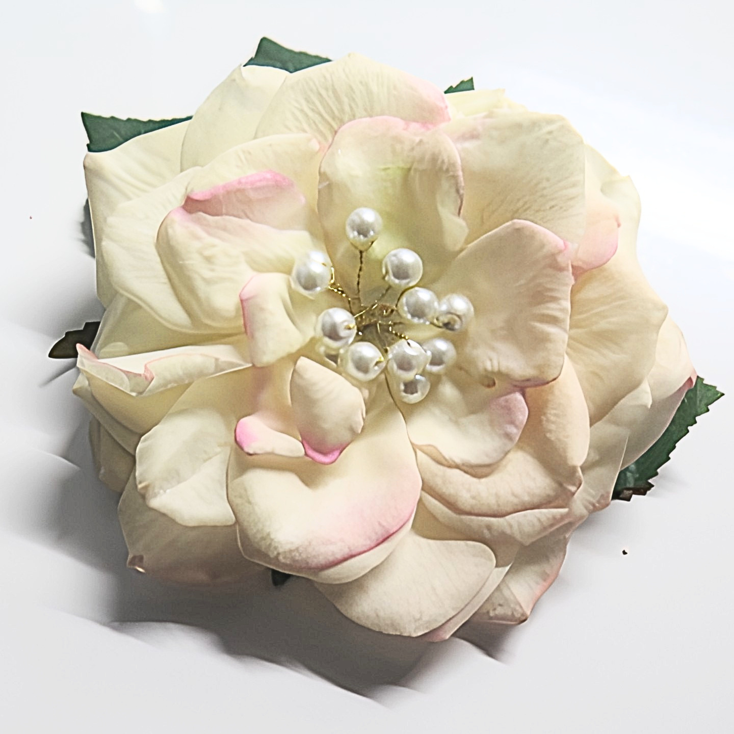 Ivory Magnolia Pearl Brooch & Hair Clip | 5.5" Realistic Silk Flower Pin with Pearl Stamen Center & Green Leaves for Brides & Special Events