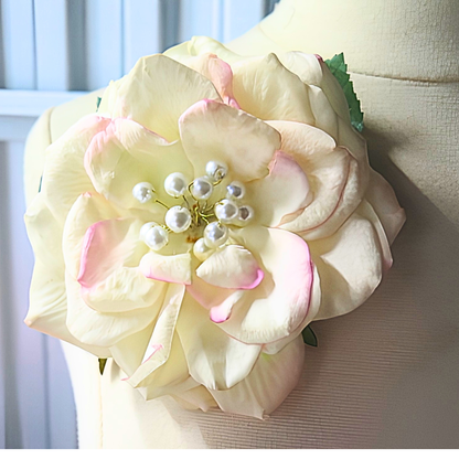 Ivory Magnolia Pearl Brooch & Hair Clip | 5.5" Realistic Silk Flower Pin with Pearl Stamen Center & Green Leaves for Brides & Special Events