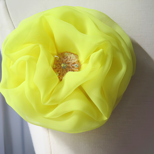 Neon Yellow Chiffon Flower Brooch & Hair Clip | 5" Handcrafted Fabric Flower Pin with Amber Rhinestone Center for Women, Church & Special Events