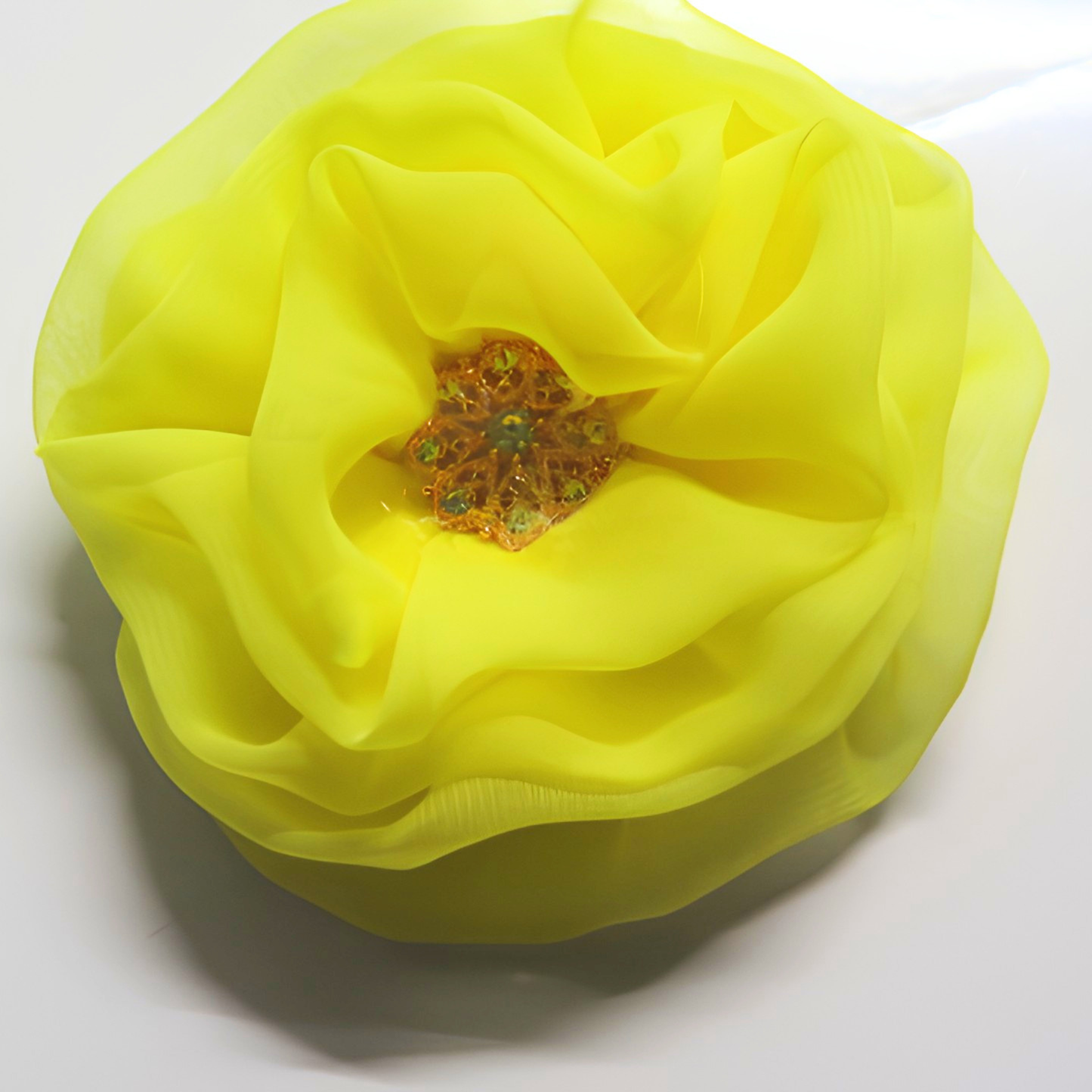 Neon Yellow Chiffon Flower Brooch & Hair Clip | 5" Handcrafted Fabric Flower Pin with Amber Rhinestone Center for Women, Church & Special Events