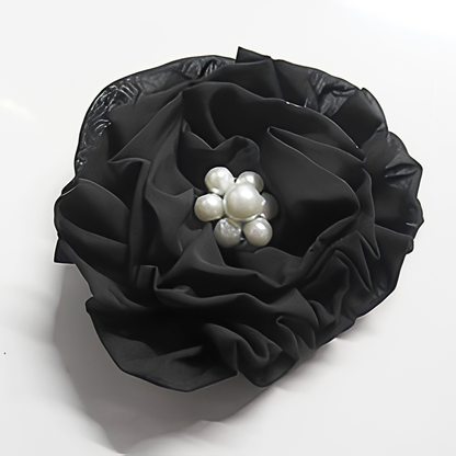 Black Chiffon Flower Brooch & Hair Clip | 4.5" Handcrafted Fabric Flower Pin with Pearl Cluster Center for Women, Church & Formal Events