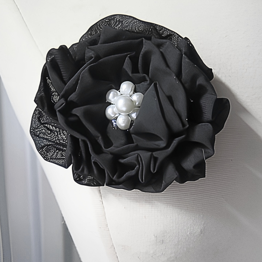Black Chiffon Flower Brooch & Hair Clip | 4.5" Handcrafted Fabric Flower Pin with Pearl Cluster Center for Women, Church & Formal Events