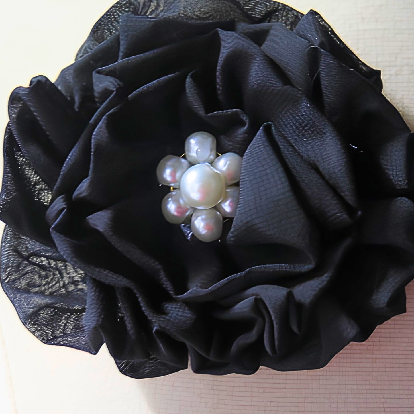 Black Chiffon Flower Brooch & Hair Clip | 4.5" Handcrafted Fabric Flower Pin with Pearl Cluster Center for Women, Church & Formal Events