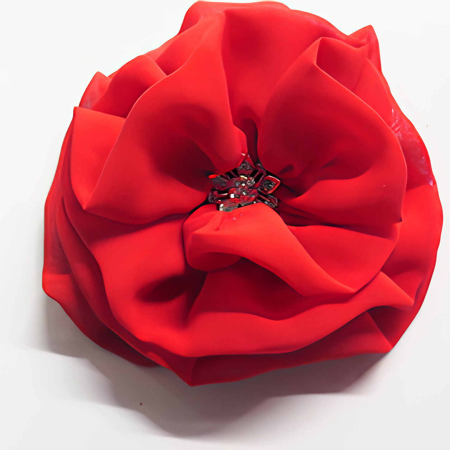Red Chiffon Flower Brooch & Hair Clip | 5" Handcrafted Fabric Flower Pin with Crystal Rhinestone Center for Women, Church & Special Events