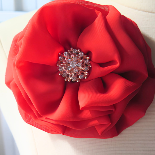 Red Chiffon Flower Brooch & Hair Clip | 5" Handcrafted Fabric Flower Pin with Crystal Rhinestone Center for Women, Church & Special Events