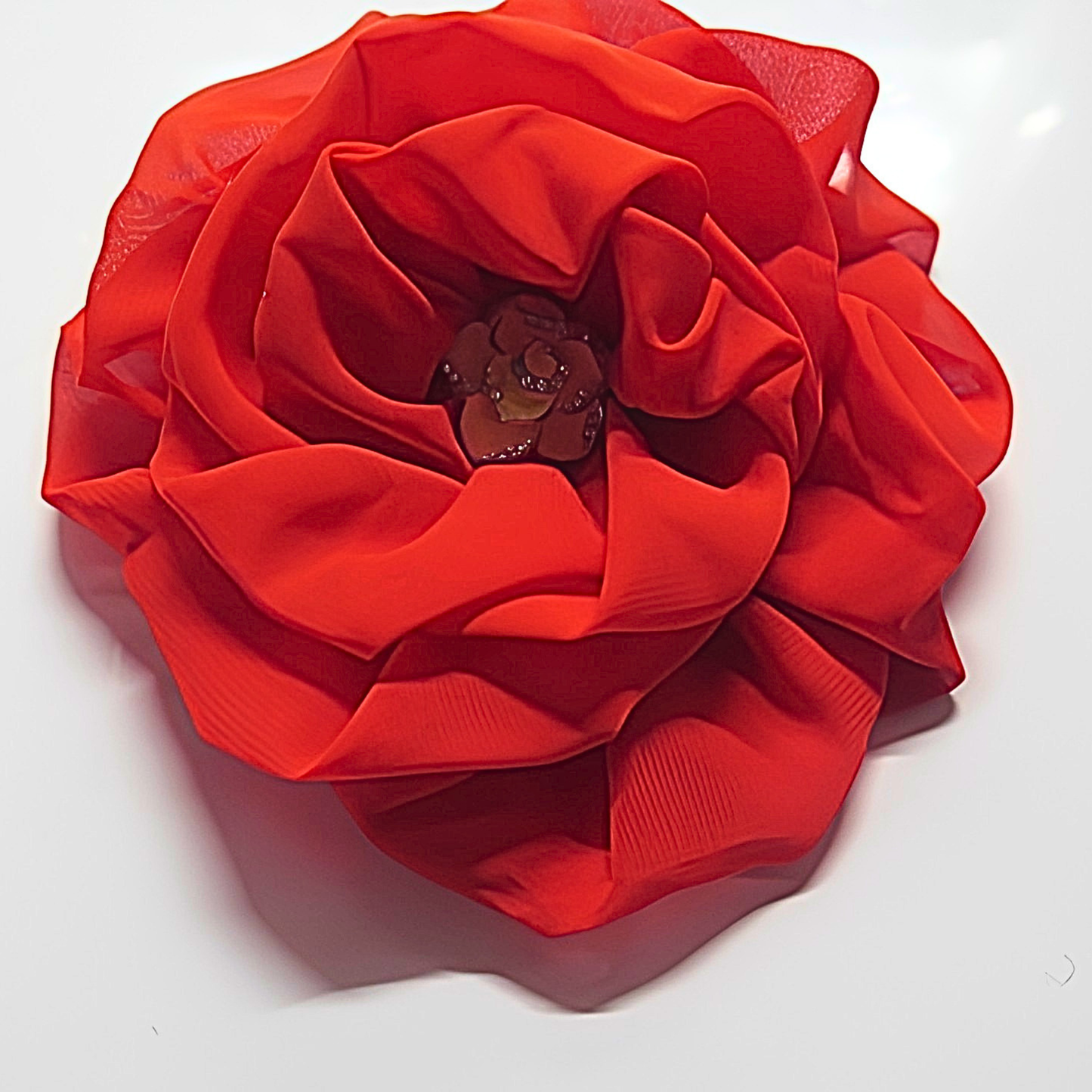Red Chiffon Flower Brooch & Hair Clip | 5" Handcrafted Fabric Flower Pin with Crystal Rhinestone Center for Women, Church & Special Events