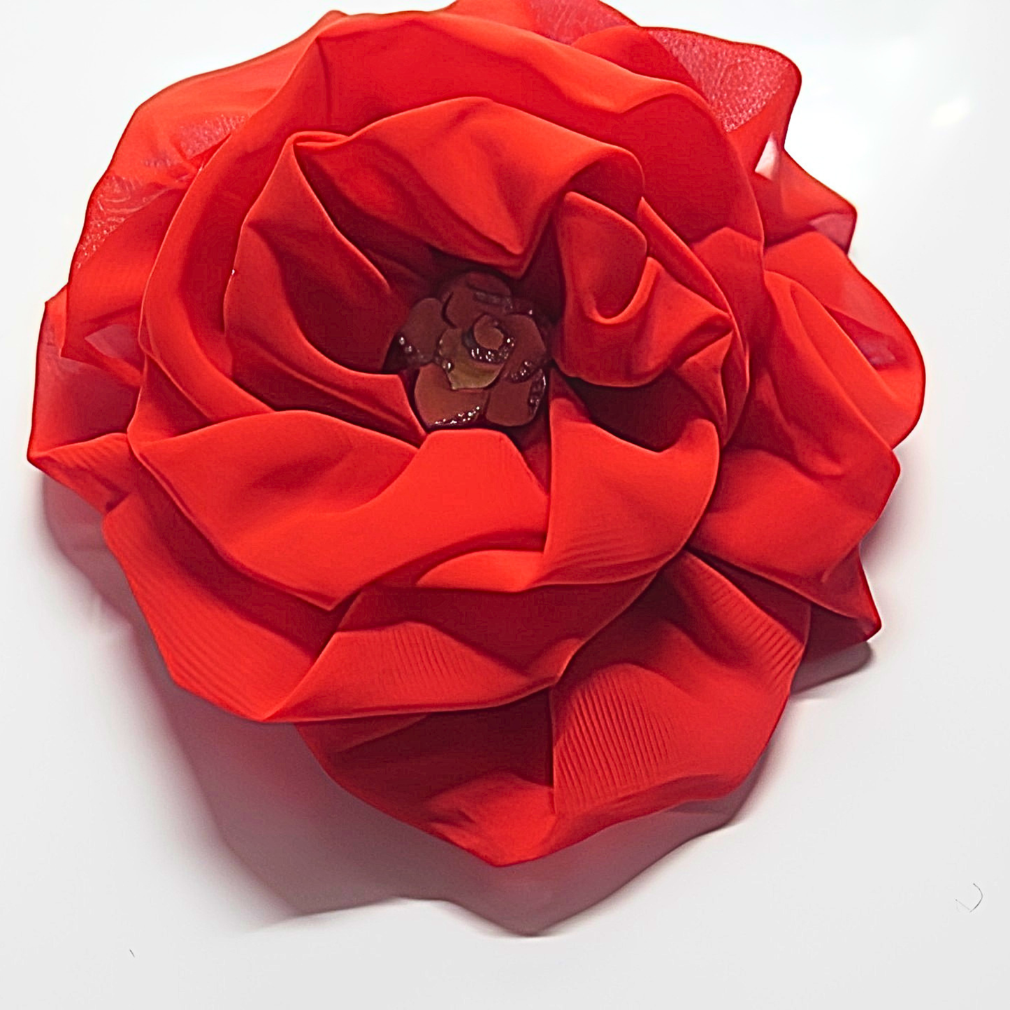 Red Chiffon Flower Brooch & Hair Clip | 5" Handcrafted Fabric Flower Pin with Crystal Rhinestone Center for Women, Church & Special Events