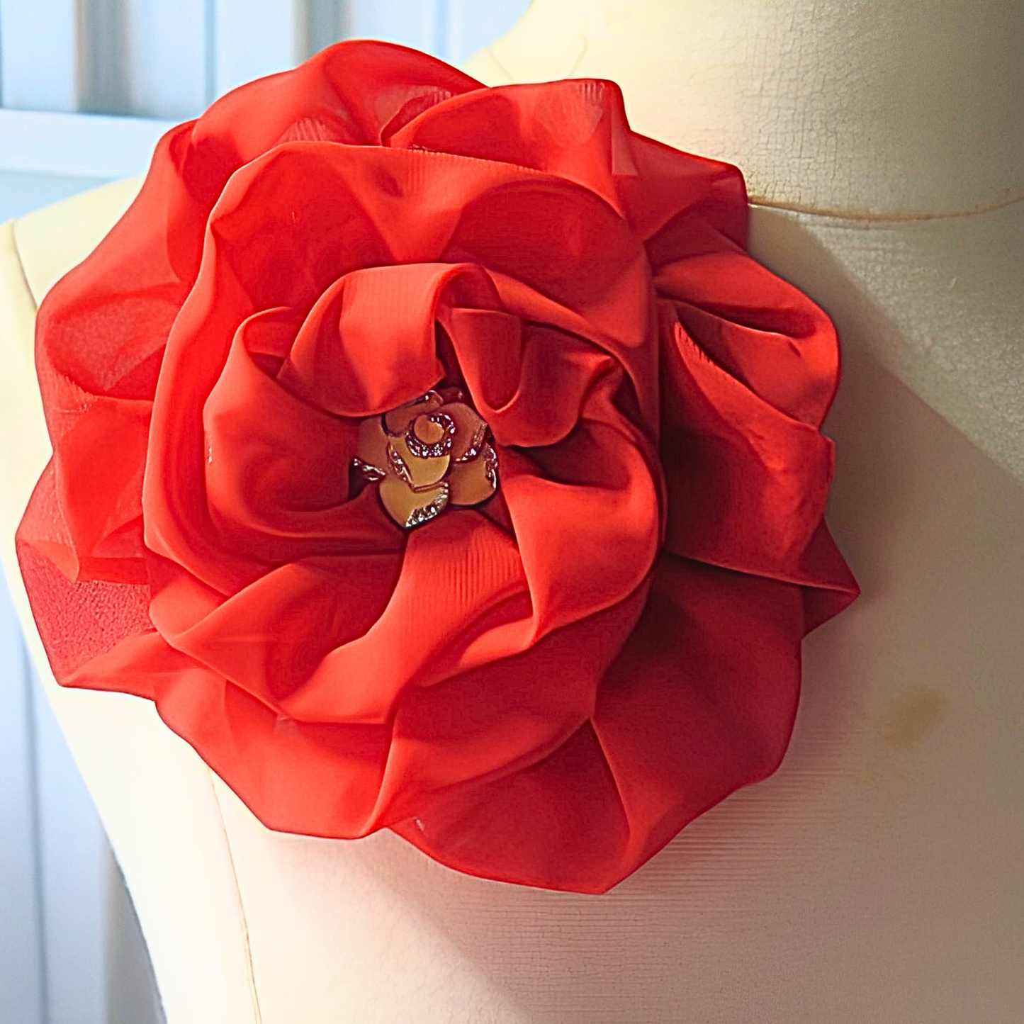 Red Chiffon Flower Brooch & Hair Clip | 5" Handcrafted Fabric Flower Pin with Crystal Rhinestone Center for Women, Church & Special Events