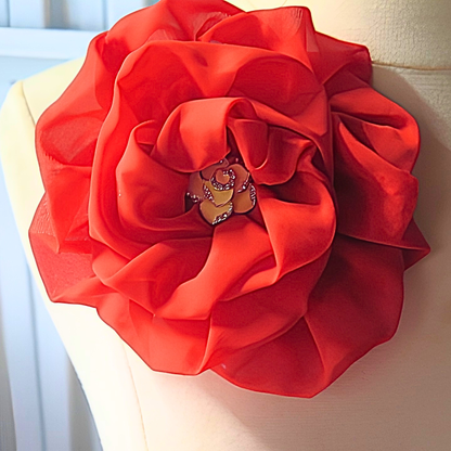 Red Chiffon Flower Brooch & Hair Clip | 5" Handcrafted Fabric Flower Pin with Crystal Rhinestone Center for Women, Church & Special Events