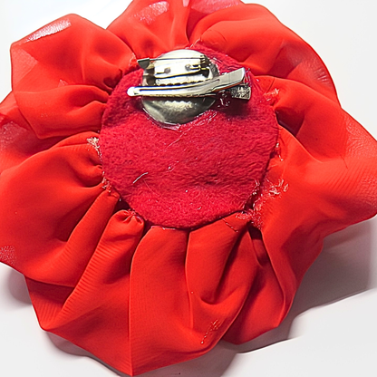 Red Chiffon Flower Brooch & Hair Clip | 5" Handcrafted Fabric Flower Pin with Crystal Rhinestone Center for Women, Church & Special Events