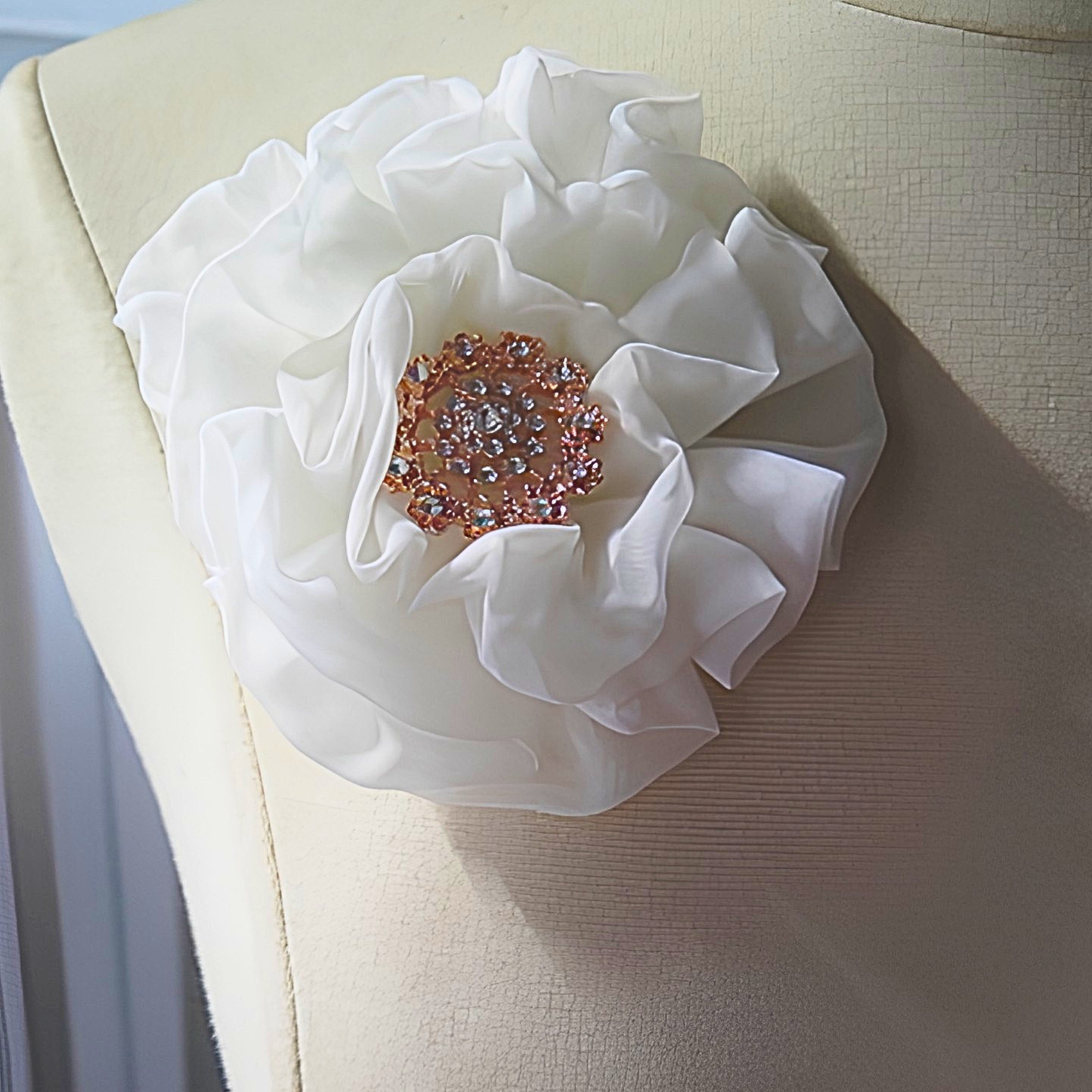 White Chiffon Flower Brooch & Hair Clip | 5" Handcrafted Fabric Flower Pin with Rose Gold Rhinestone Center for Brides, Church & Special Events