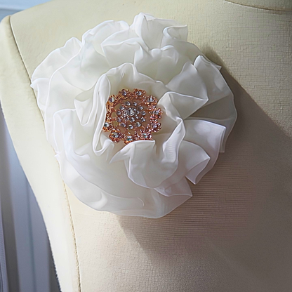 White Chiffon Flower Brooch & Hair Clip | 5" Handcrafted Fabric Flower Pin with Rose Gold Rhinestone Center for Brides, Church & Special Events