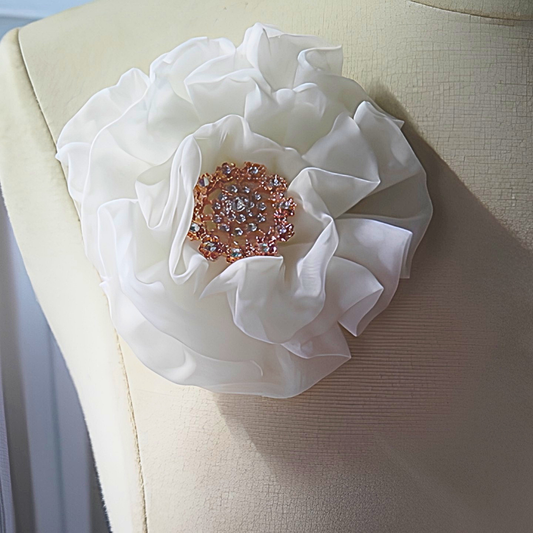 White Chiffon Flower Brooch & Hair Clip | 5" Handcrafted Fabric Flower Pin with Rose Gold Rhinestone Center for Brides, Church & Special Events