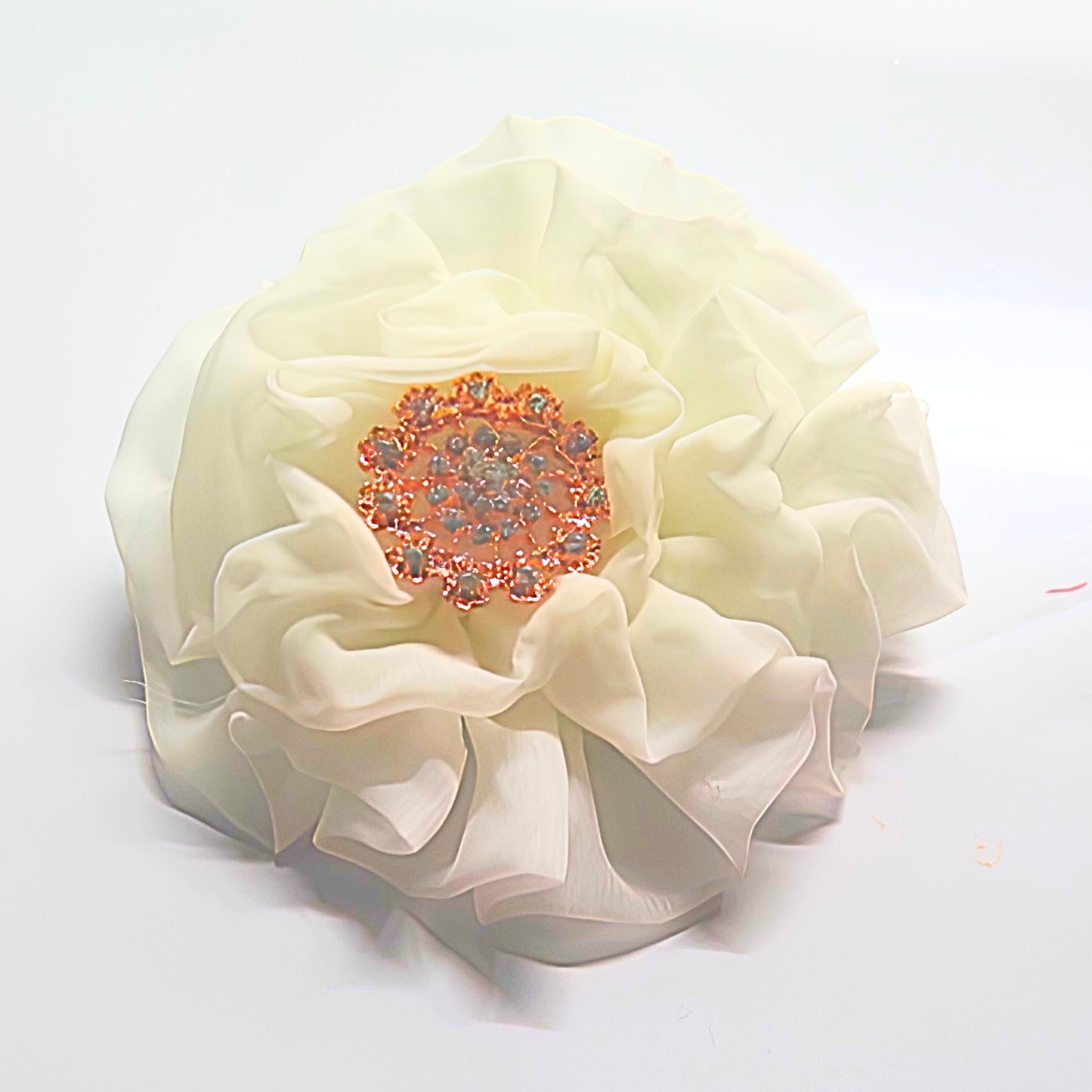 White Chiffon Flower Brooch & Hair Clip | 5" Handcrafted Fabric Flower Pin with Rose Gold Rhinestone Center for Brides, Church & Special Events