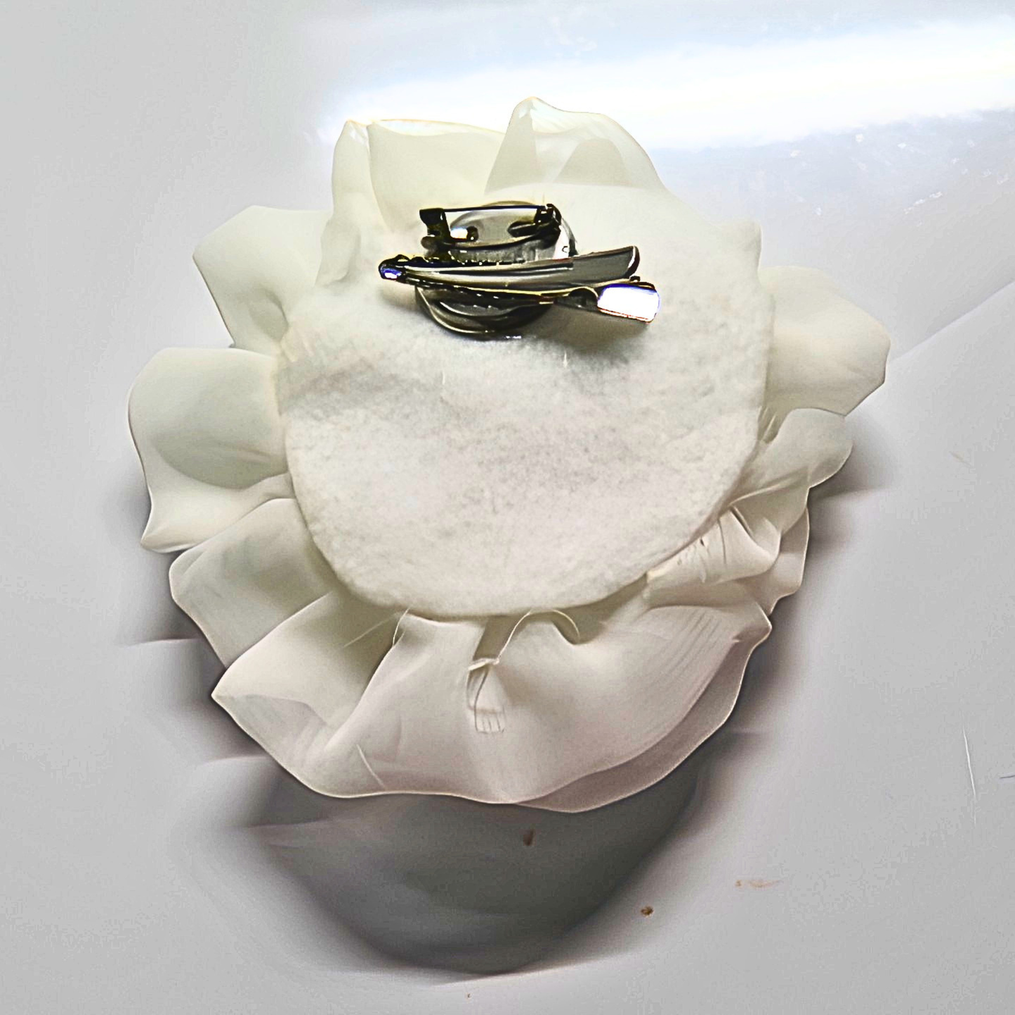 White Chiffon Flower Brooch & Hair Clip | 5" Handcrafted Fabric Flower Pin with Rose Gold Rhinestone Center for Brides, Church & Special Events