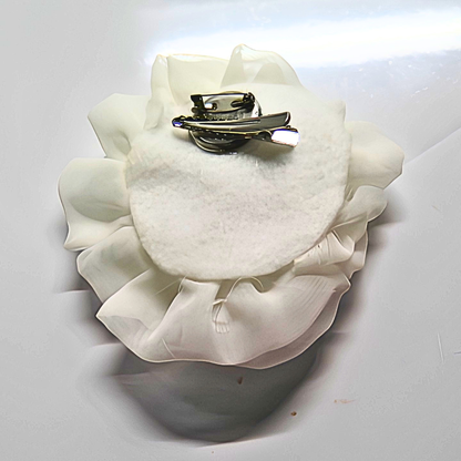 White Chiffon Flower Brooch & Hair Clip | 5" Handcrafted Fabric Flower Pin with Rose Gold Rhinestone Center for Brides, Church & Special Events