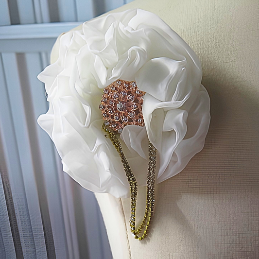 White Chiffon Flower Brooch & Hair Clip | 5" Handcrafted Fabric Flower Pin with Rose Gold Rhinestone Center for Brides, Church & Special Events