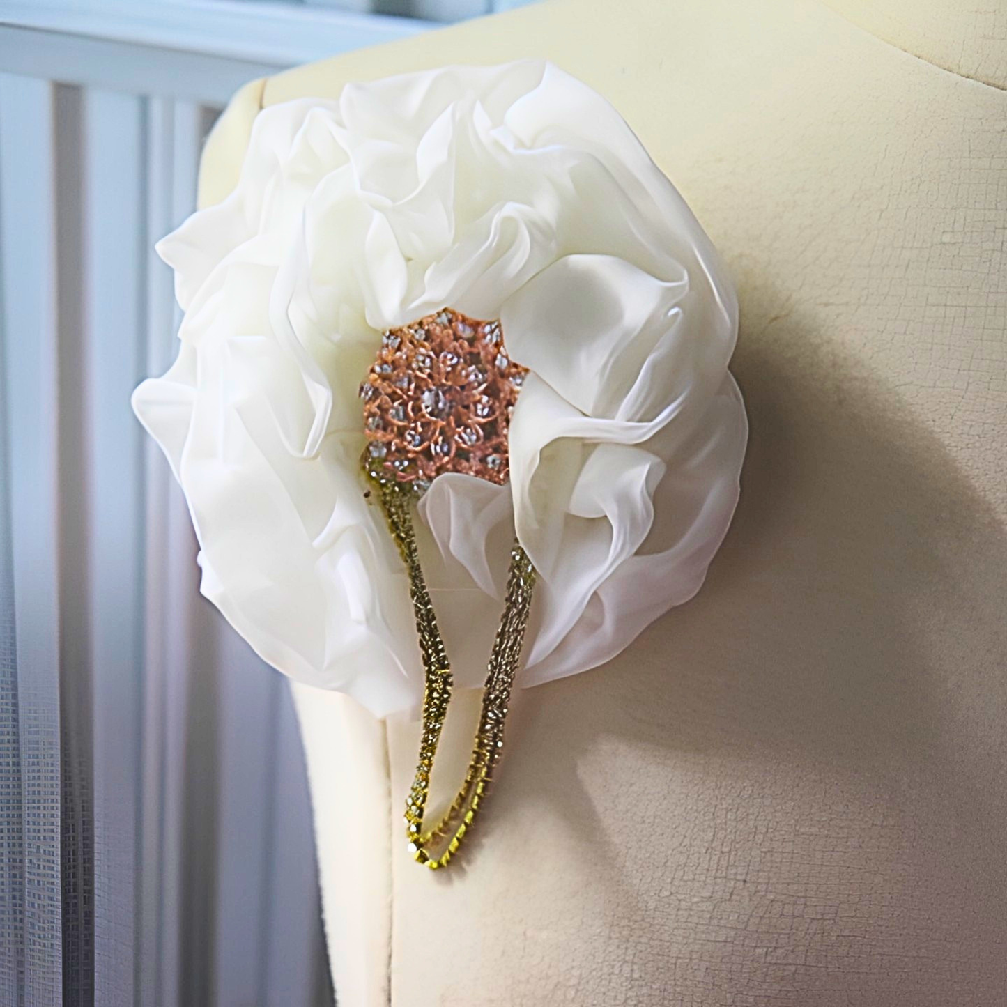 White Chiffon Flower Brooch & Hair Clip | 5" Handcrafted Fabric Flower Pin with Rose Gold Rhinestone Center for Brides, Church & Special Events
