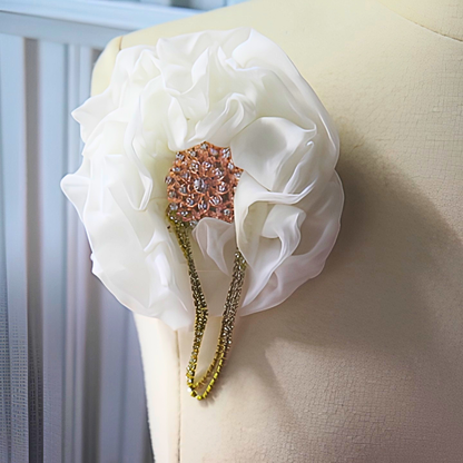 White Chiffon Flower Brooch & Hair Clip | 5" Handcrafted Fabric Flower Pin with Rose Gold Rhinestone Center for Brides, Church & Special Events