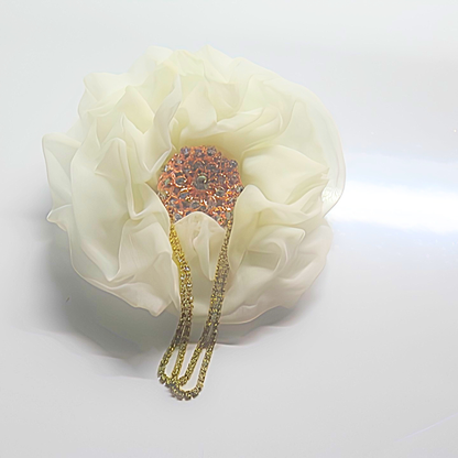 White Chiffon Flower Brooch & Hair Clip | 5" Handcrafted Fabric Flower Pin with Rose Gold Rhinestone Center for Brides, Church & Special Events