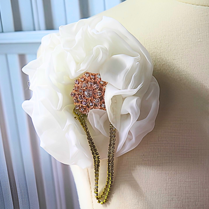 White Chiffon Flower Brooch & Hair Clip | 5" Handcrafted Fabric Flower Pin with Rose Gold Rhinestone Center for Brides, Church & Special Events