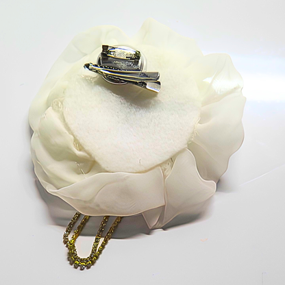 White Chiffon Flower Brooch & Hair Clip | 5" Handcrafted Fabric Flower Pin with Rose Gold Rhinestone Center for Brides, Church & Special Events