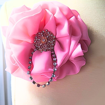 Hot Pink Chiffon Flower Brooch & Hair Clip | 5" Handcrafted Fabric Flower Pin with Rhinestone Cluster & Crystal Chain Detail for Women & Events