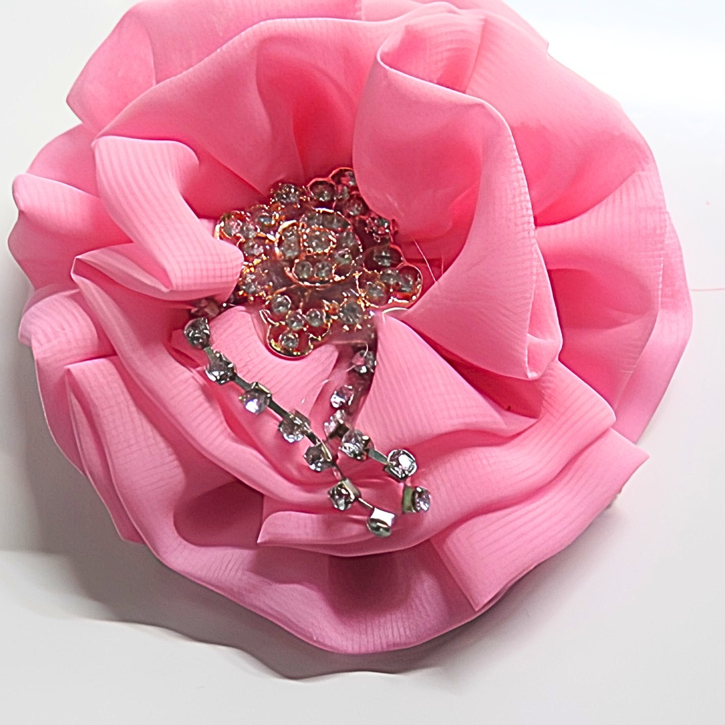 Hot Pink Chiffon Flower Brooch & Hair Clip | 5" Handcrafted Fabric Flower Pin with Rhinestone Cluster & Crystal Chain Detail for Women & Events