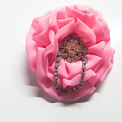 Hot Pink Chiffon Flower Brooch & Hair Clip | 5" Handcrafted Fabric Flower Pin with Rhinestone Cluster & Crystal Chain Detail for Women & Events