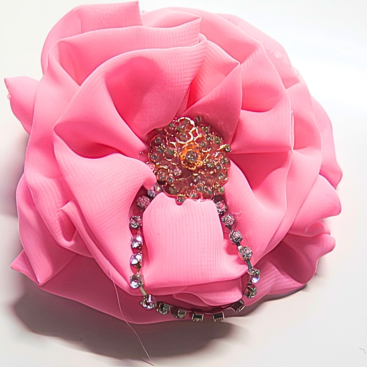 Hot Pink Chiffon Flower Brooch & Hair Clip | 5" Handcrafted Fabric Flower Pin with Rhinestone Cluster & Crystal Chain Detail for Women & Events