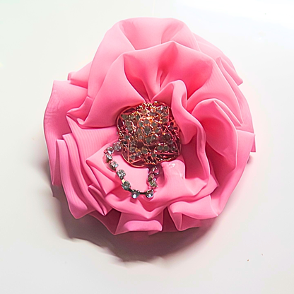Hot Pink Chiffon Flower Brooch & Hair Clip | 5" Handcrafted Fabric Flower Pin with Rhinestone Cluster & Crystal Chain Detail for Women & Events